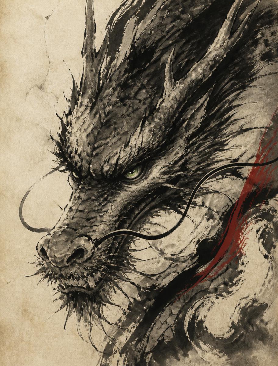 Sumi-e ink wash study of a dragon's head on aged paper with a single vermilion stroke