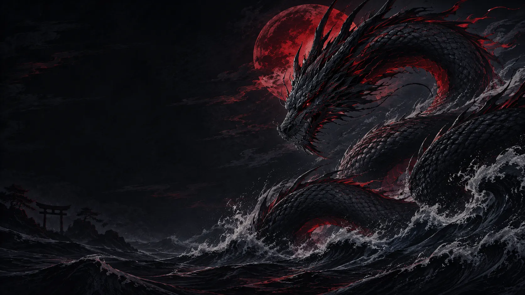 A colossal black sea dragon coiling out of crashing waves beneath a blood-red moon, with a shrine torii silhouetted on the far shore