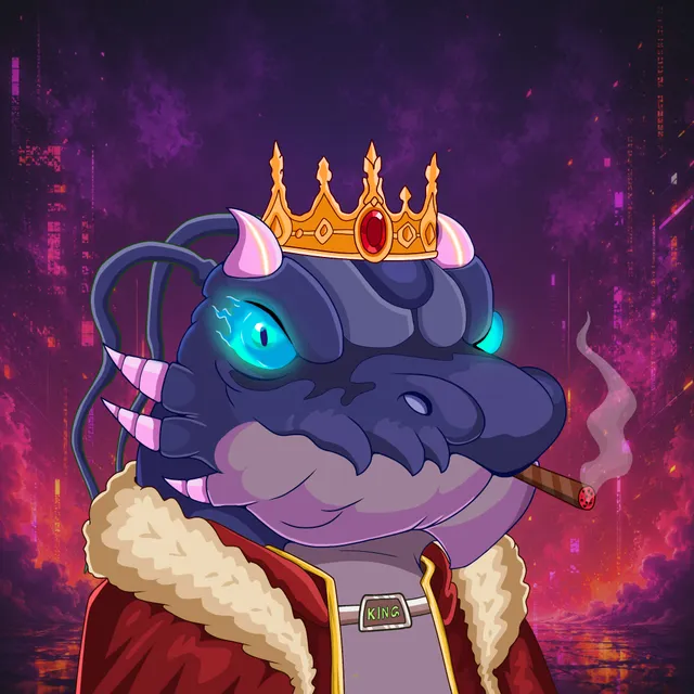 A crowned dragon in a fur-lined robe smoking a cigar, a city burning behind him