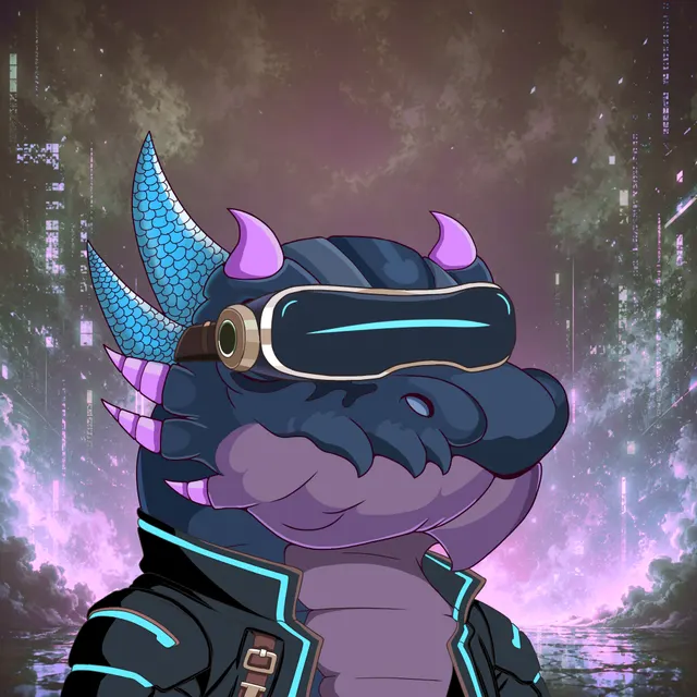 A blue dragon wearing a wide visor and a cyan-trimmed jacket, a glitching neon city behind him