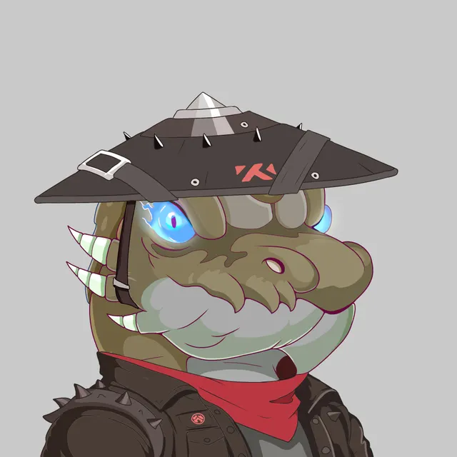 A dragon in a spiked straw hat and studded leather jacket with a red scarf, one eye glowing blue