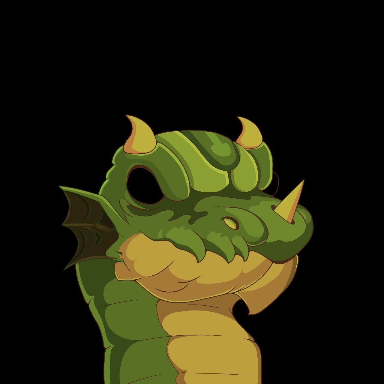 Portrait of a green dragon with amber horns, a gold nose spike, a dark webbed ear fin and a gold-scaled jaw, on black