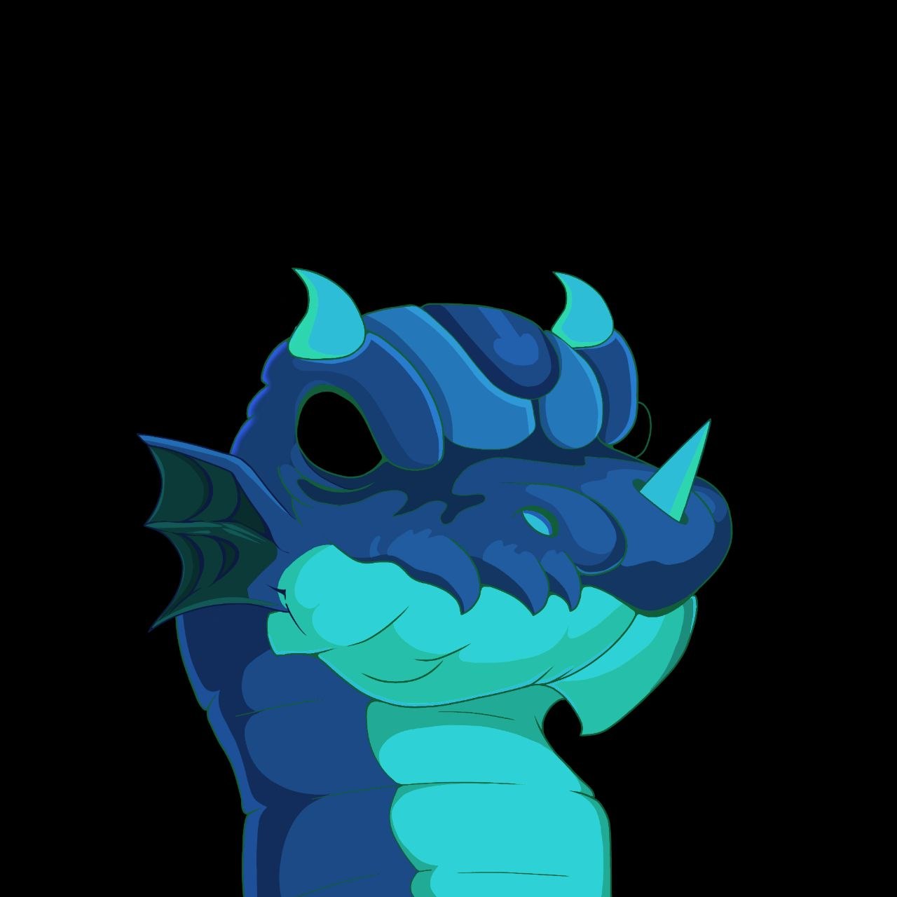 Portrait of a deep blue dragon with cyan horns, a cyan nose spike, a dark teal ear fin and a turquoise jaw, on black