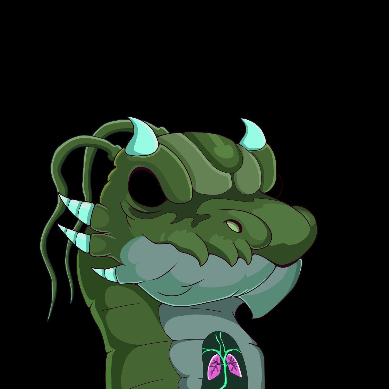 Portrait of an olive dragon with pale ice horns, long trailing whiskers, ice cheek spikes and an open chest window showing pink lungs threaded with green vessels, on black