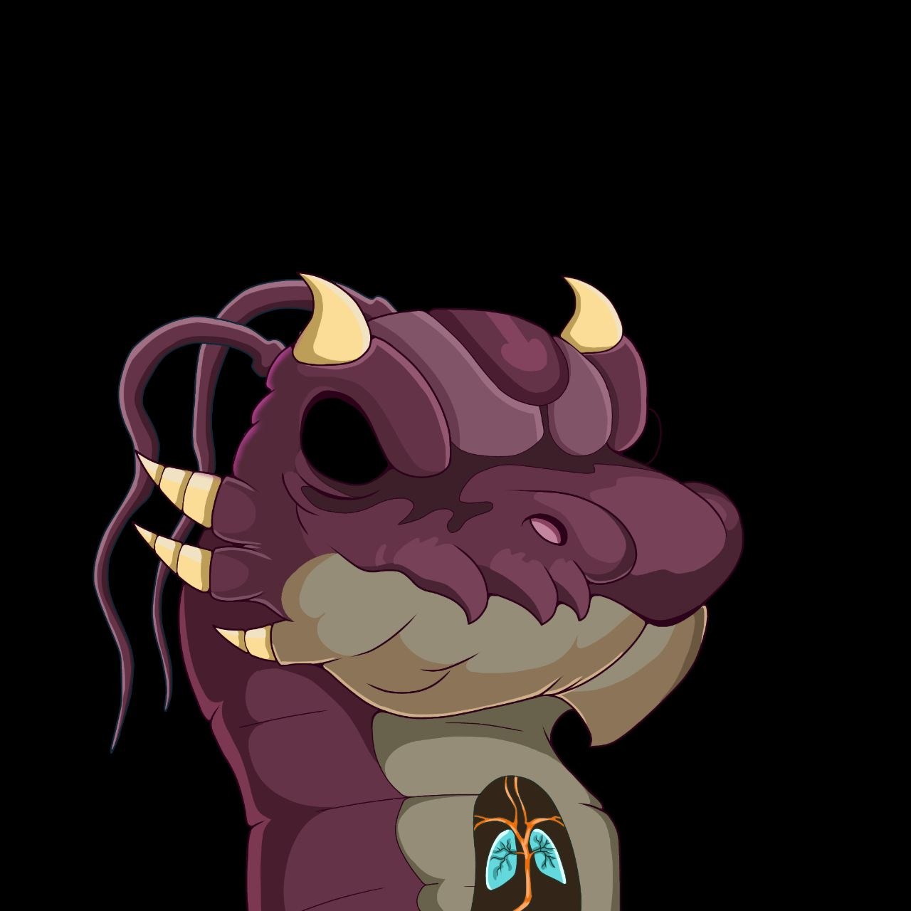 Portrait of a plum-coloured dragon with cream horns, trailing whiskers, cream cheek spikes and an open chest window showing cyan lungs threaded with orange vessels, on black