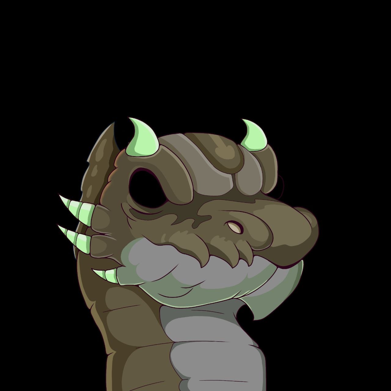 Portrait of a brown and taupe dragon with mint-green horns, mint cheek spikes, a grey jaw and a dark dorsal frill, on black