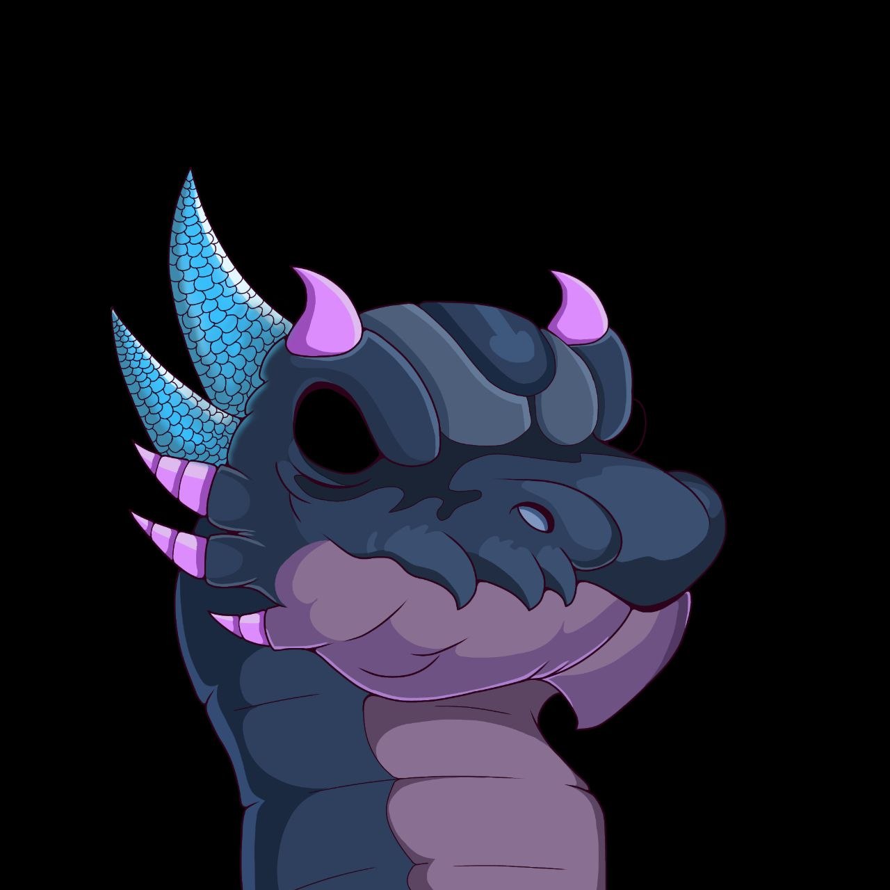 Portrait of a slate-blue dragon with orchid horns, two tall blue scaled crest spikes, pink cheek spikes and a lilac jaw, on black