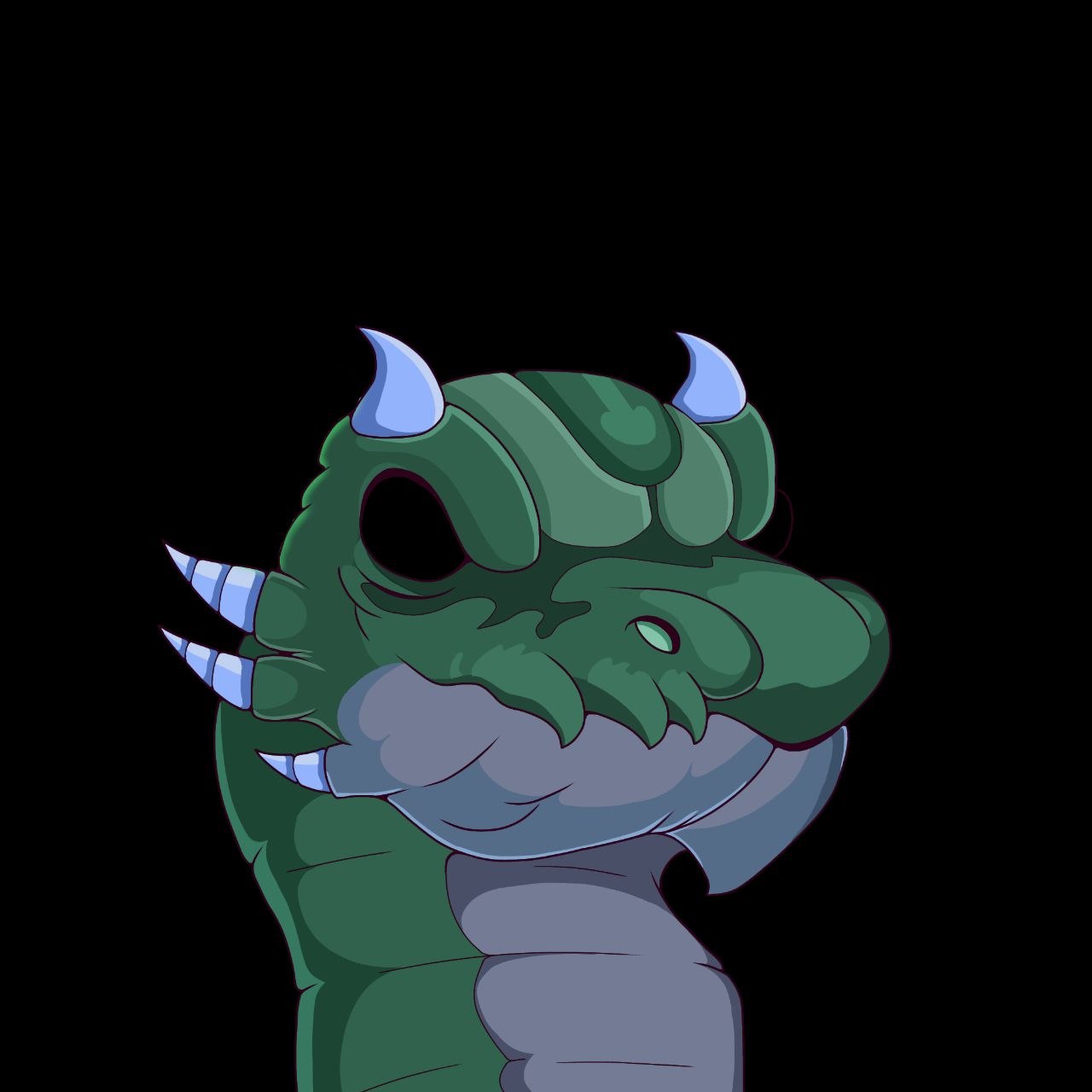 Portrait of a green dragon with periwinkle horns, periwinkle cheek spikes and a blue-grey jaw, on black