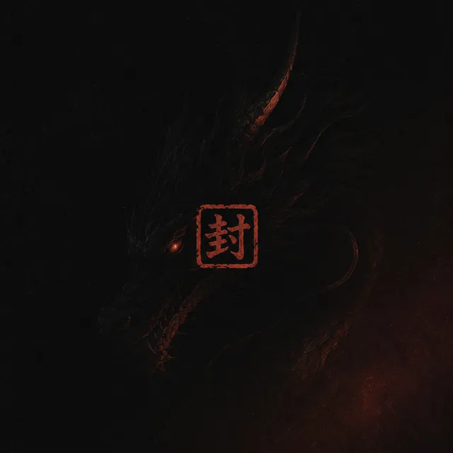 A sealed RYUGAMI plate: a dragon in deep shadow behind a vermilion seal stamp
