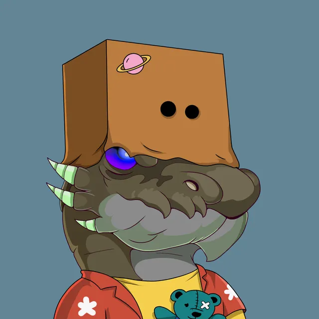 A dragon wearing a paper bag over its head with a planet sticker on it, in a red starred shirt, holding a patched teddy bear