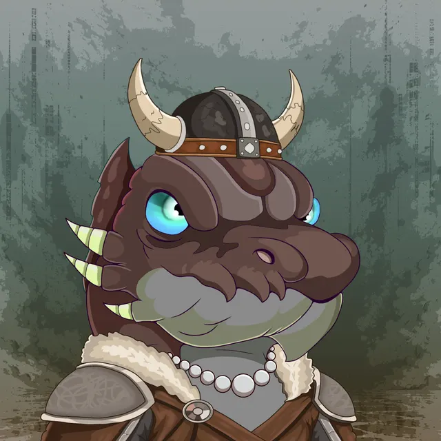 A dragon in a horned Norse helmet and fur-lined cloak, wearing a pearl necklace over engraved shoulder plates