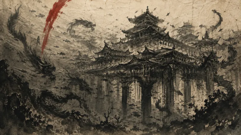 An ink painting of a vast drowned palace of curved rooftops, dragons circling through dark water around it