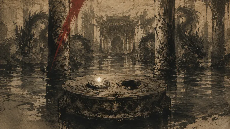 An ink painting of a pedestal in a flooded hall holding one pearl, with an empty hollow beside it